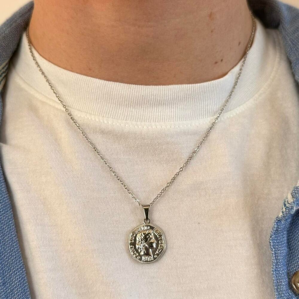 Y2K 2000s Silver Coin Pendant Necklace Unisex Chain Jewelry New